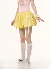 夏用レトロデザインのリボン付きハイウエストAラインスカート【イエロー】