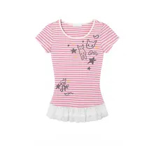 レース切り替えストライプ猫プリント半袖Tシャツ【夏用・フィット感・短丈】