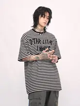 半袖Tシャツ メンズ ストライプ 英字 アメリカンストリート ヴィンテージ ルーズ 夏 カップル お揃い トップス 「Mz」