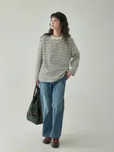 ストライプデザインの長袖Tシャツ【女性用・ラウンドネック・春秋用・フィット】