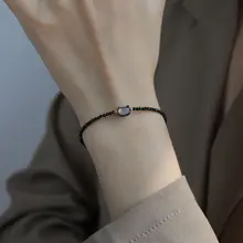 黒白猫デザインの14Kコーティング調整可能なブレスレット【天然水晶・小さな真珠・黒の尖晶】