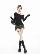 長袖Tシャツ レディース ワンショルダー デザイン性 タイト 着痩せ インナー 春 セクシー「BASTERDS」