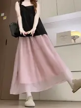 夏用ピンクAラインスカート【ウエストゴム・軽やかなオーガンジー・広がるデザイン】（セットアップ対応）
