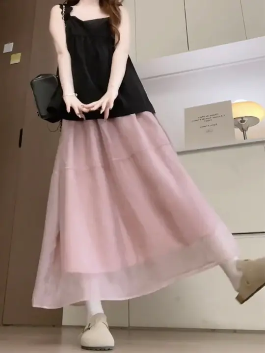 夏用ピンクAラインスカート【ウエストゴム・軽やかなオーガンジー・広がるデザイン】（セットアップ対応）