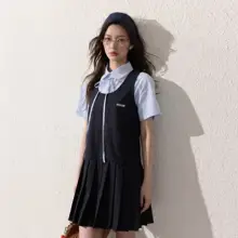 学院風デザイン！背負いベルト付きの半袖シャツワンピース【プリーツスカート・春夏用】（セットアップ対応）
