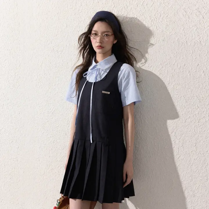 学院風デザイン！背負いベルト付きの半袖シャツワンピース【プリーツスカート・春夏用】（セットアップ対応）