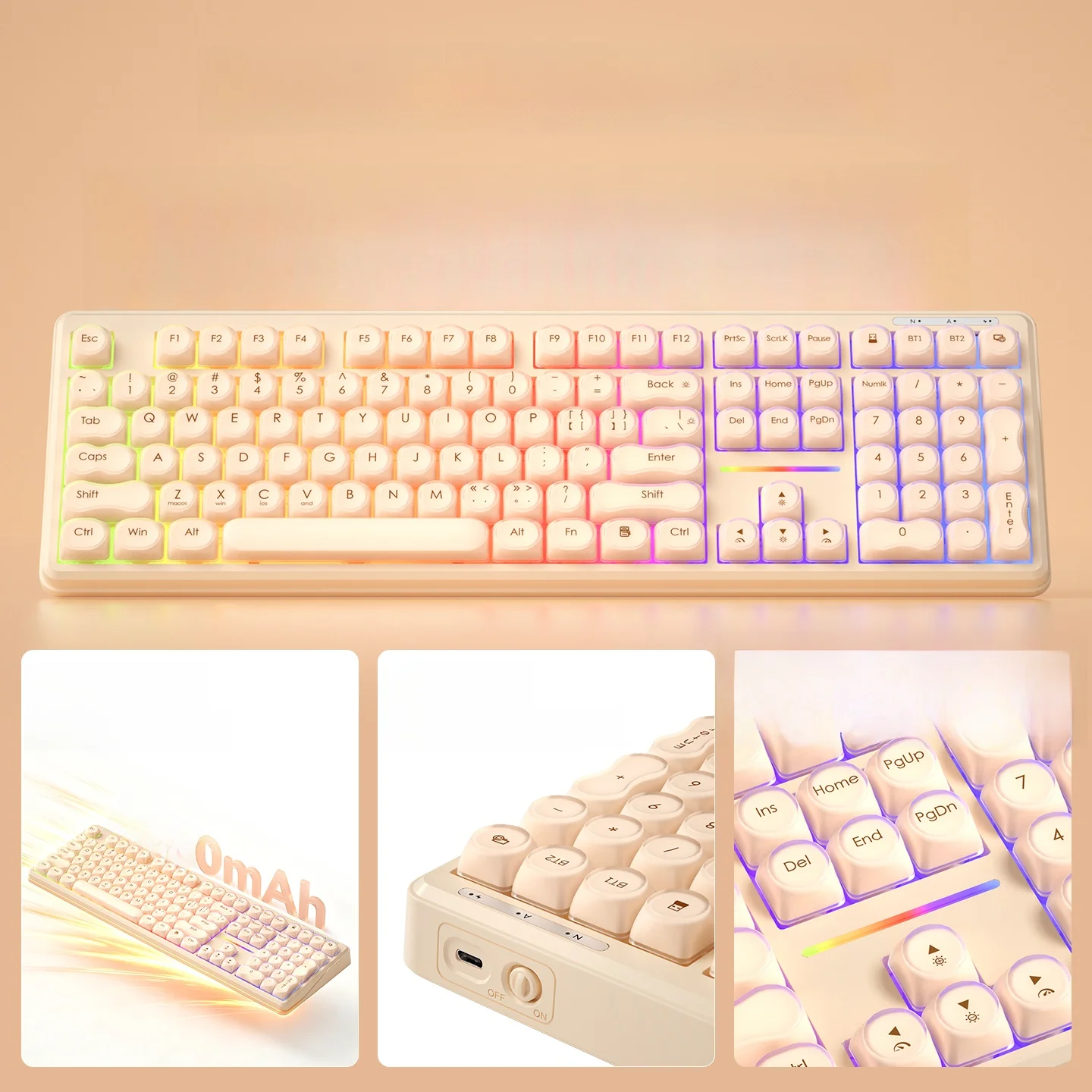 B．O．W K108無線Bluetoothキーボード：女性向けデスクトップ用のRGB照明と人体工学設計
