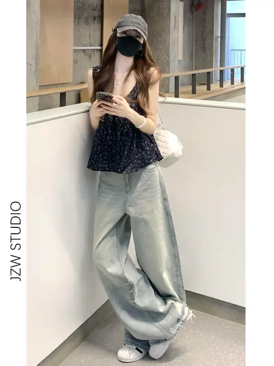 レトロな淡色のハイウエストワイドレッグデニムパンツ【フィット・ストレートシルエット】