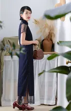 茉茉 レディース 短袖レース旗袍【復古スタイル・長款・透け感あり】