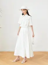 ローマの休日風 夏用 白色のボタン付きレーストップスとシフォンスカート【伞裙・セットアップ対応】