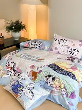 手描きのブルーコットンのドット犬柄布団カバー【四点セット・100%コットン】（セットアップ対応）
