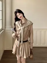 春にぴったりな美しいワンピース【カーキ・ウエストリボン・フレアデザイン】