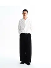 ウール混紡 抗皺ダブルプリーツ ゆったりとしたテーパードパンツ