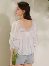 春夏用 シルクコットン ホワイト 方形ネック  レース フリル パフスリーブ ティーシャツ