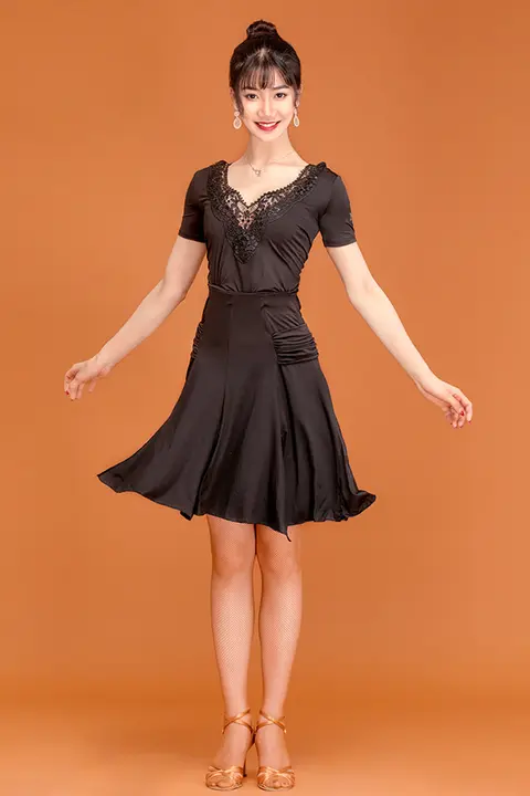 レディース ラテンダンス衣装【レース Vネック・背中開き・フレアスカート・大人用・夏用】