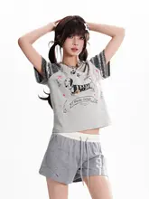 カジュアルなカートゥーン ダックスフンド柄の短袖Tシャツ【女性用・パフスリーブ・スリム効果】