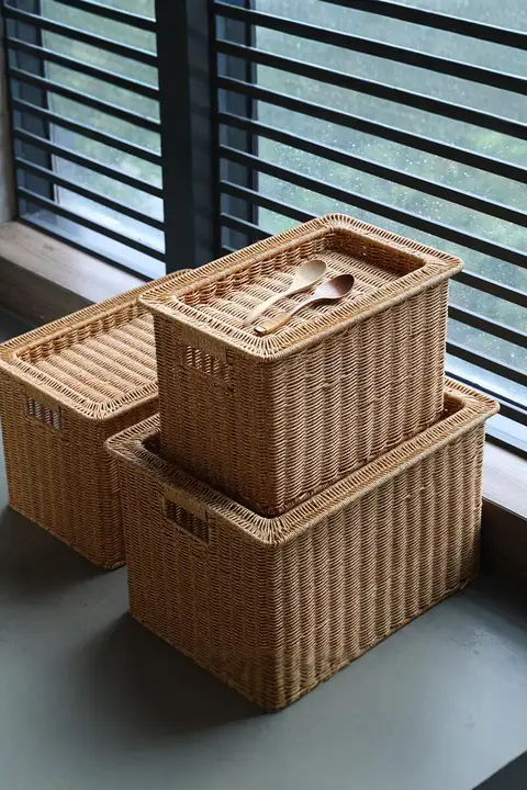 収納バスケット 引き出し式 蓋付き プラスチック 籐編み風 おもちゃ収納 クローゼット 食器棚 北欧風 大きめ 「Kens」