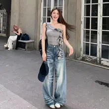 ロマンティックフラワーデザイン 斜め肩Tシャツ【女性用・ウエストシェイプ・フリル付き】