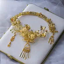 結婚式用 中華風 新婦用金色レース扇子ヘッドアクセサリー【古風・龍鳳デザイン】