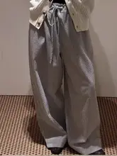 チェック柄リボン付きカジュアルパンツ【刺繍デザイン・ルーズフィット・ウエストゴム】