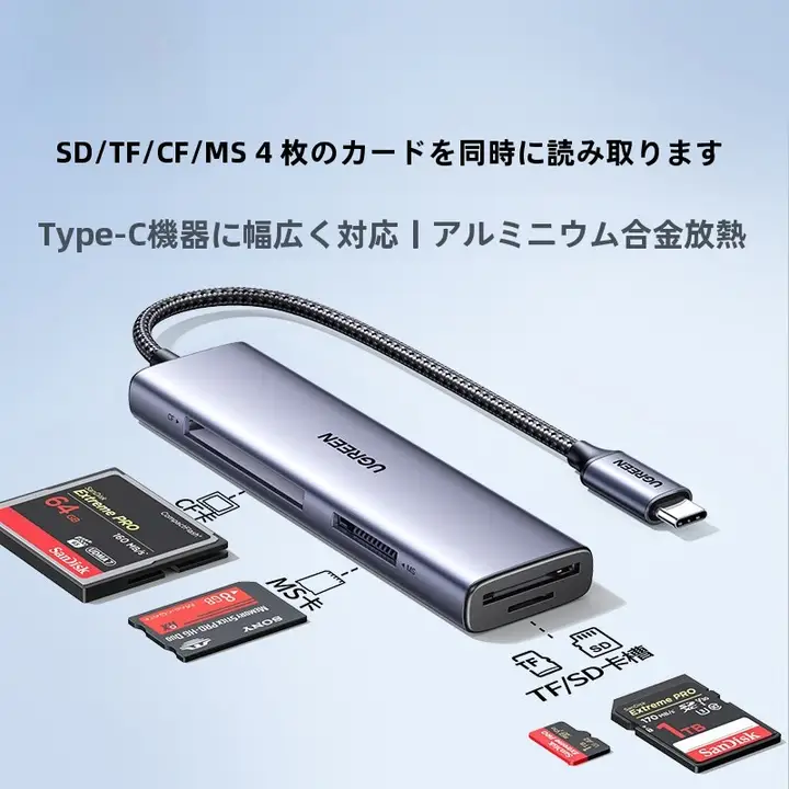 マルチカードリーダー USB3.0 高速転送 SD microSD CF MS 対応 Type-C スマホ PC 両用 CCD カメラ