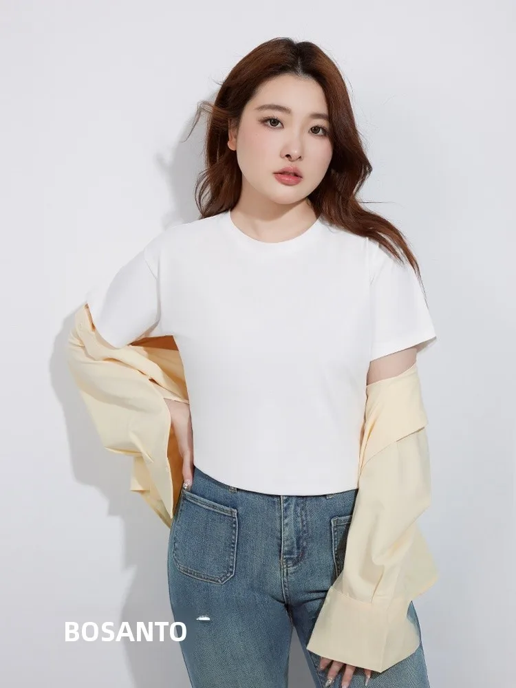 人間製Tシャツのサイズ感を解明：白色の短袖Tシャツ【女性用・コットン・ラウンドネック・大きいサイズ】