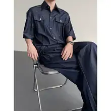 2点セット メンズ デニム 半袖シャツ ロングパンツ ドレープ ルーズ アメリカンスタイル ストリート カジュアル きれいめ