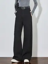 高身長向けウールパンツ【高腰・ストレート・黒・カジュアルデザイン】