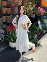 米白色メッシュ刺繍デザインのハーフスリーブワンピース【夏用 ・デコルテレース・シルエット】（セットアップ対応）