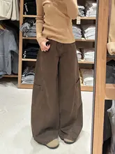 高ウエストワイドレッグデニムパンツ【カジュアル・深茶色・フィット】