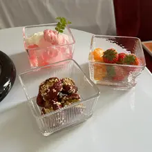 清新なデザインの四角いガラスボウル【アイスクリーム・デザート・フルーツ・朝食用・サラダ用】