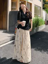 夏用の新中式デザイン 水墨印花半身スカートと上衣の2点セット（セットアップ対応）