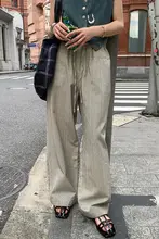ストライプ ワイドパンツ 女性 ハイウエスト ドローストリング ゴムウエスト ルーズ カジュアルパンツ