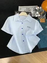 刺繍入りカラーブロックボタンシャツ【女性用・短袖・学院風・独特なデザイン】