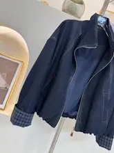 カジュアルショートデニムジャケット【チェック柄袖・ゆったりシルエット・立ち襟】（セットアップ対応）
