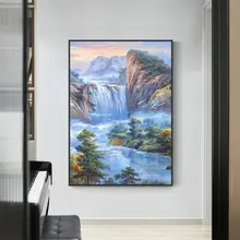 手描きの高山流水風景縦型装飾画【中式デザイン・リビング・ダイニング用】