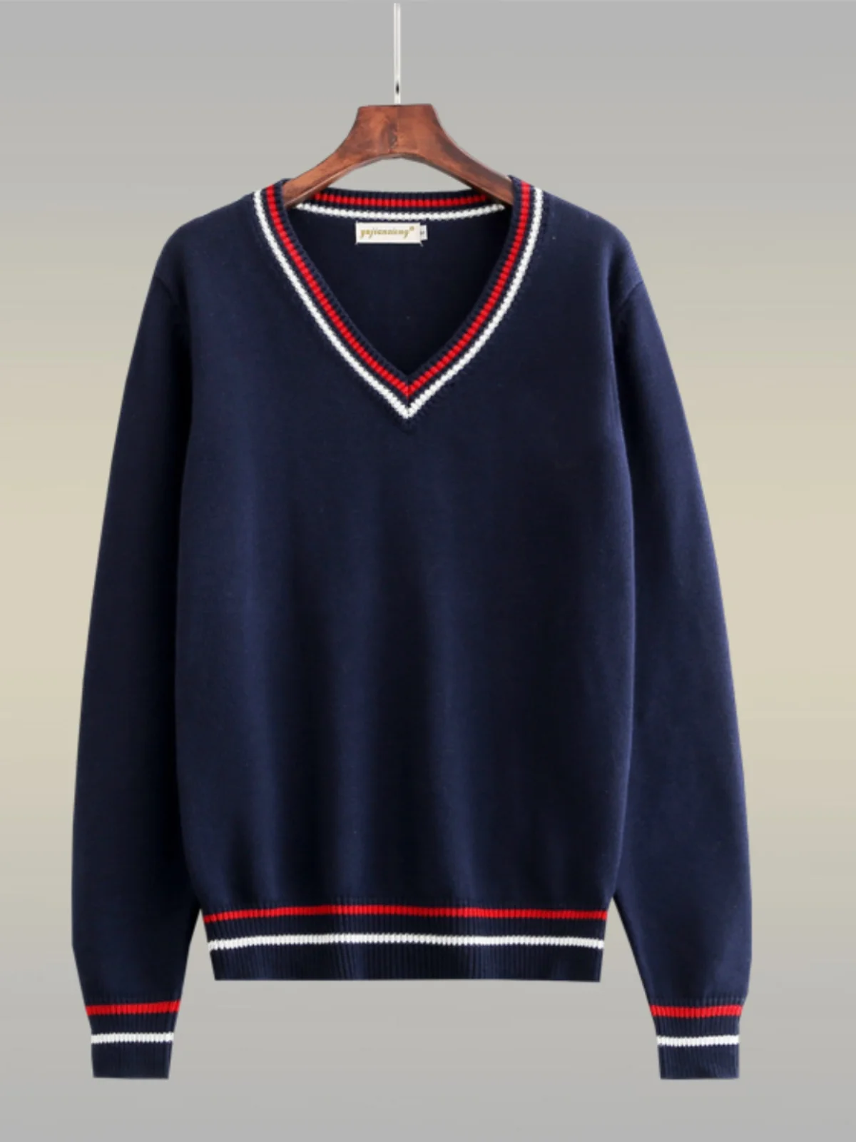 刺繍入りVネック長袖ニットセーター【ユニセックス・英国学院風・学生制服】（セットアップ対応） 春コーデ メンズ おすすめアイテム