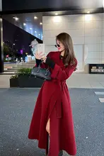 シンプルなデザインのダブルフェイスウールコート【レディース・赤・中長丈・ゆったり・秋冬用】