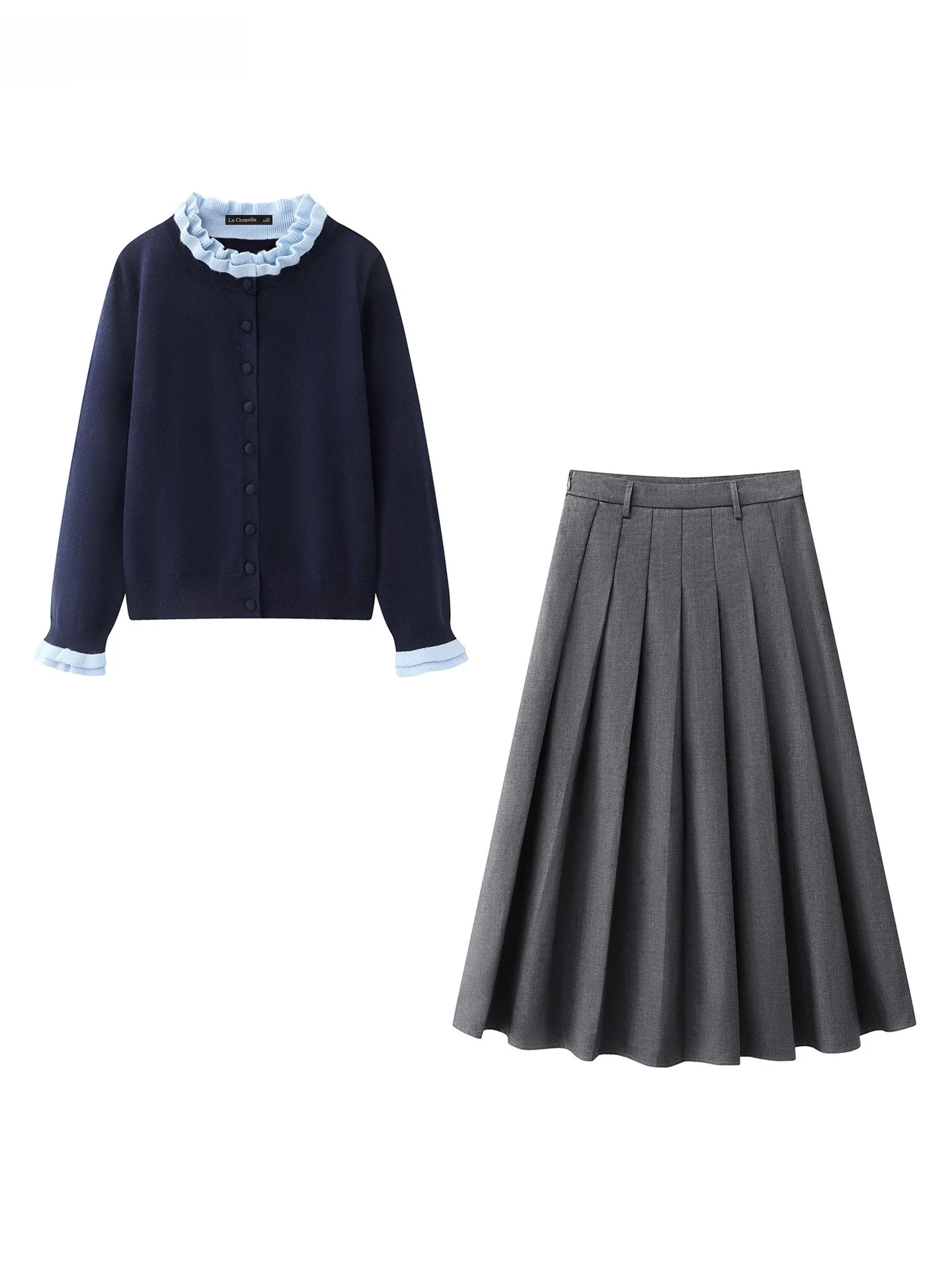 春の学院風 女性用 フリル付きニットトップスとプリーツスカートのコーディネートガイド