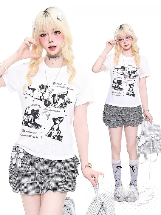 可愛い犬プリント 女子向け短袖Tシャツ【カジュアル・夏用・シンプルデザイン】