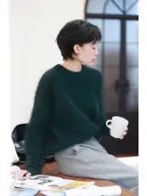 エレガントなデザインのオーバーサイズウールモヘアニットセーター【ダークグリーン・冬用】