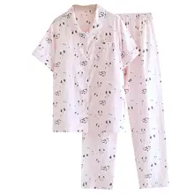 可愛いカートゥーンプリントの純綿ガーゼパジャマ【女性用・短袖・長ズボン・薄手・カーディガン付き・夏用】（セットアップ対応）