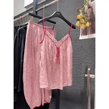 ルームウェア セットアップ レディース キャミソール ロングパンツ フレンチ風 ヴィンテージ ピンク 上品 夏 お出かけ可能