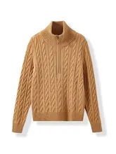 メリノウールとカシミヤのハーフジップニットセーター【クラシックデザイン・ケーブルニット】