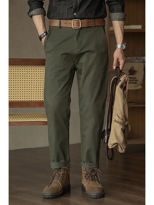 軍緑のワークパンツ【ゆったりシルエット・アメリカンヴィンテージ・ウォッシュ加工・秋冬用】（セットアップ対応）
