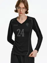 Vネックデジタルプリント長袖Tシャツ【スポーツスタイル・レトロデザイン・女性用・秋春対応】