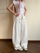 ワイドデニムパンツ ユニセックス アルファベット刺繍 翼モチーフ アメカジ ヴィンテージ 着回し カーブドシルエット「Amoeba」