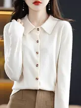 春用の100%羊毛カーディガン【ポロカラー・長袖・洗練されたデザイン】