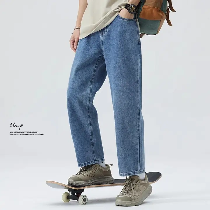 春秋用 ストレートデザイン メンズデニムパンツ【ルーズフィット・薄色・カジュアル・九分丈】