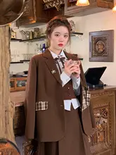 ブラウンのゆったりしたスーツジャケット【英倫風・微サイズ・スカートアップ対応】